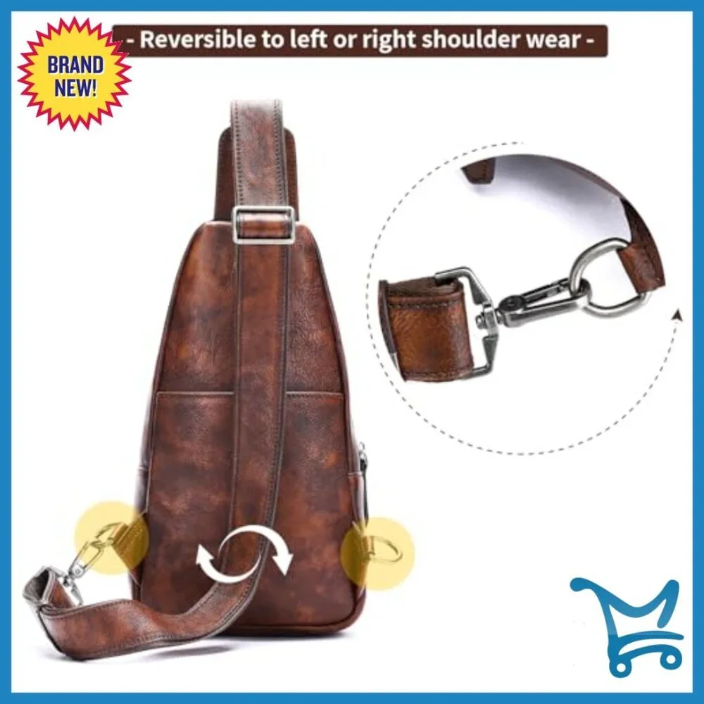 Genuine Leather Crossbody Sling Bag Vintage Daypack Backpack Adjustable Strap